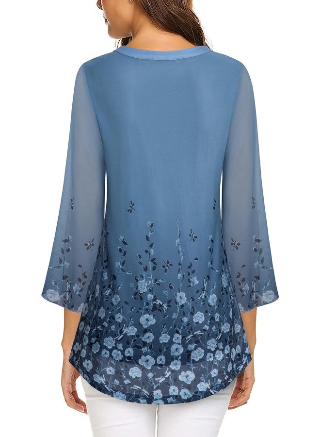 VALOLIA Women's Layered Tops, Wedding Shirts for Women, Blouse for Women Plus Size V Neck Print Tunics Tops for Womens Loose Fit Dressy 3/4 Sleeve Shirts Trendy Multi Blue XXX-Large - Image 4